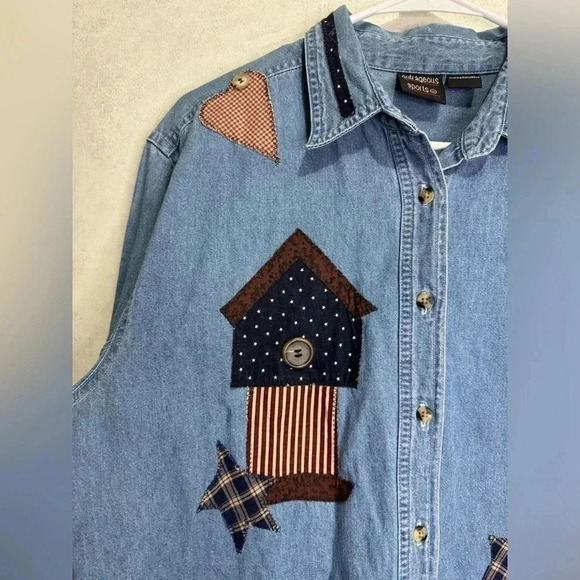 Women’s Denim Patches Patriotic US American Flag Button Down Shirt Top Large - Picture 4 of 10